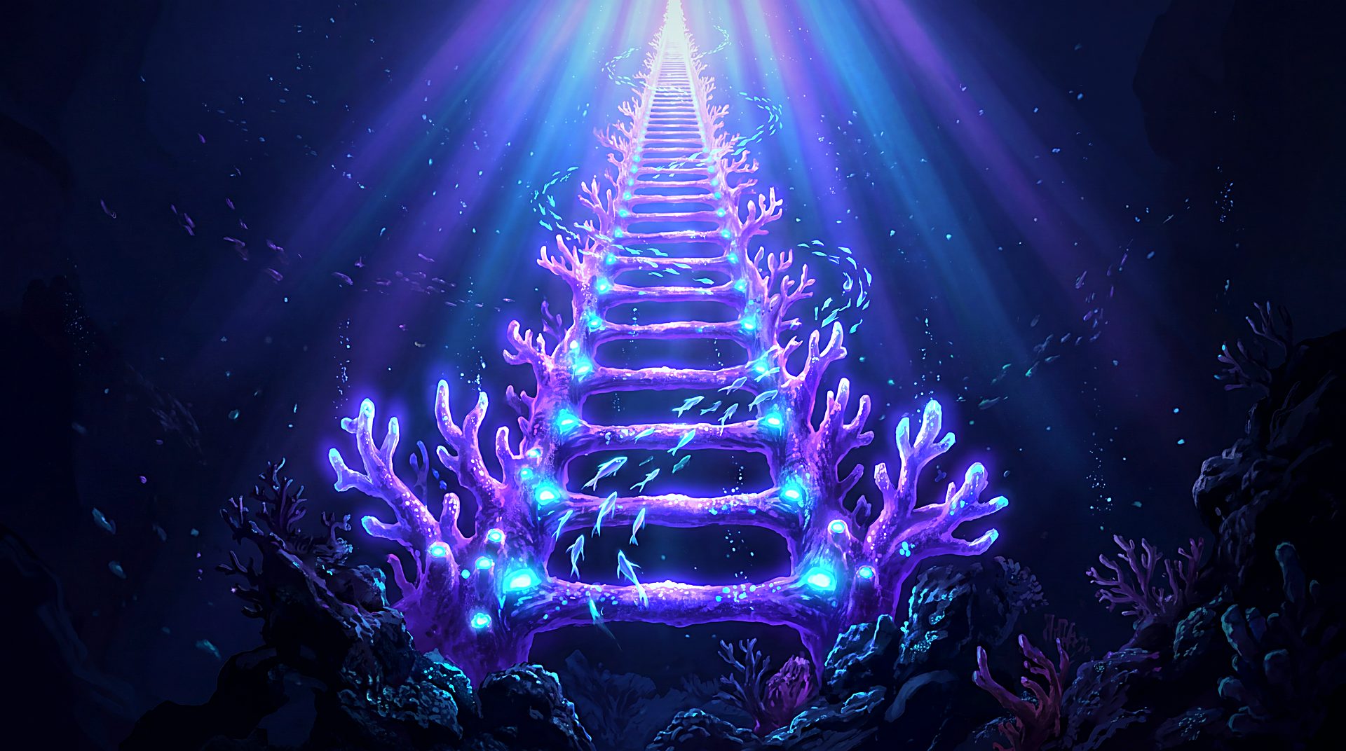 An underwater coliseum of coral tiers, two schools of fish massed on opposite sides beneath banners of light.