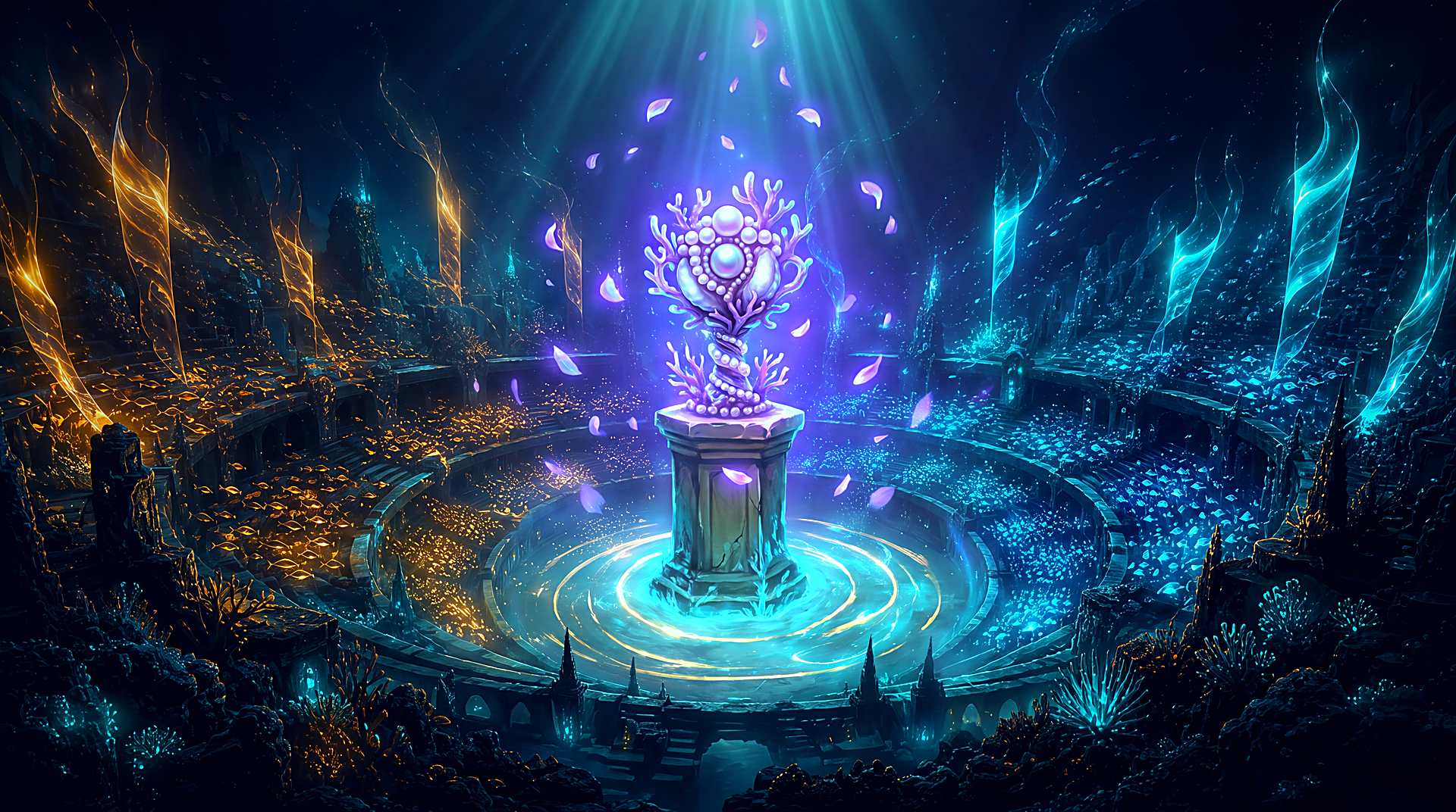A violet-lit trophy of pearl and coral on a stone plinth at the center of an empty arena floor.