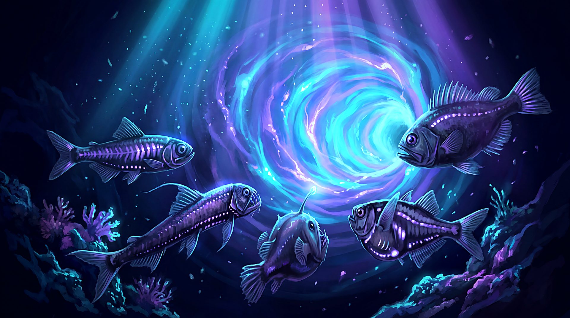 A small squad of fish gathered around glowing coral consoles in a dark cavern, screens of violet light on their faces.