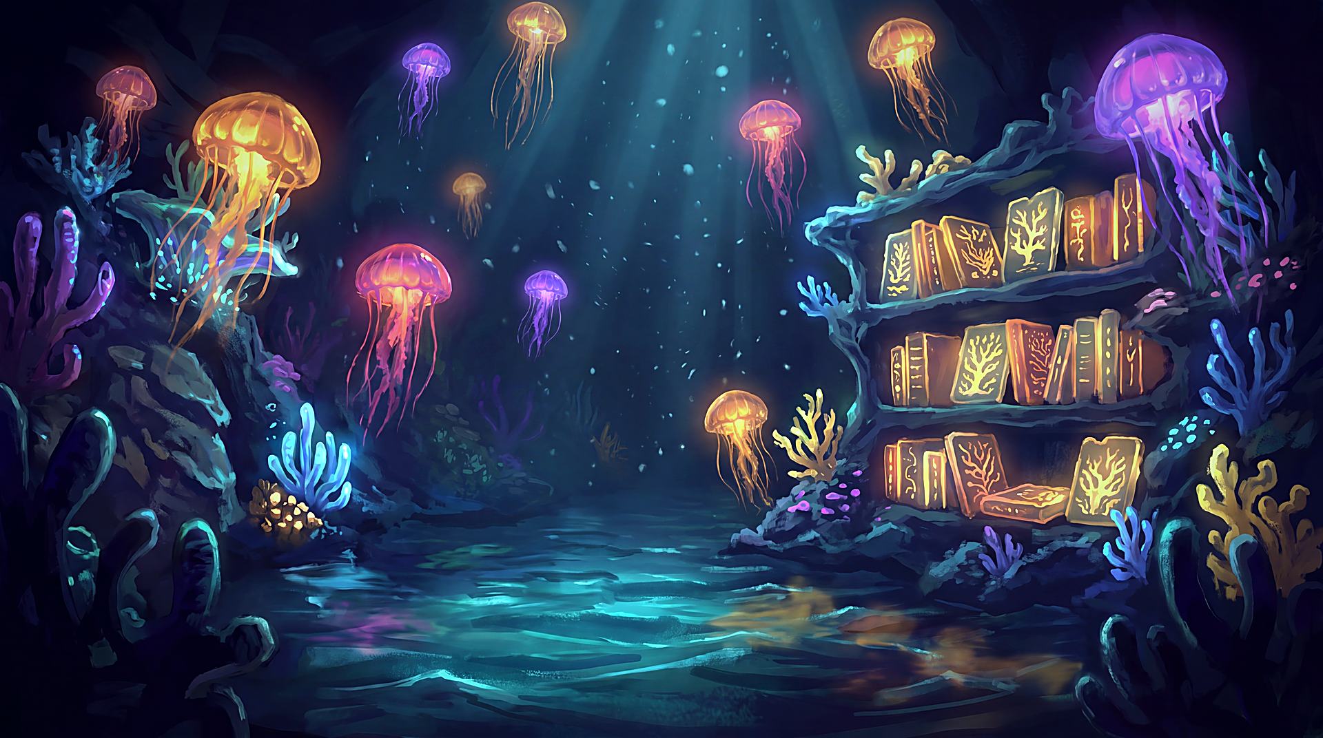 A lantern-lit study carved into a reef wall, shelves of glowing shells and charts, a small fish reading at a table.