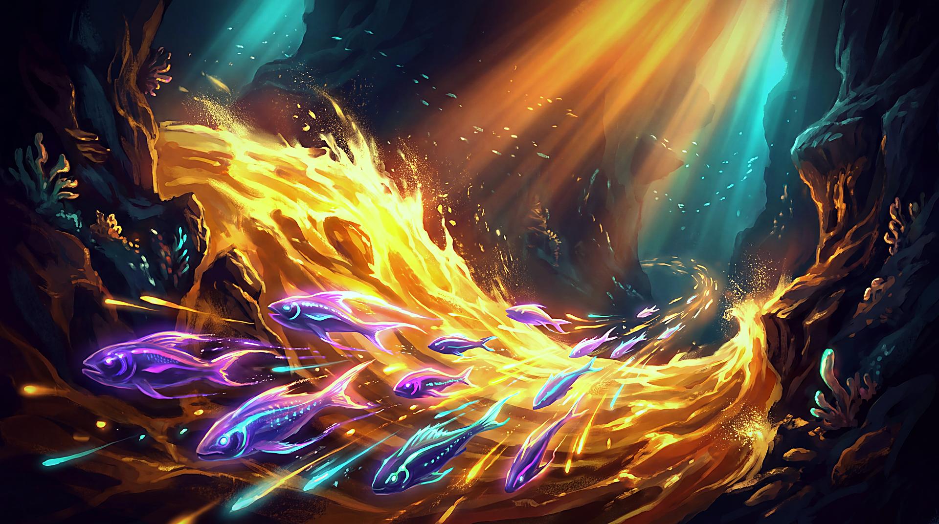 A surging golden current tears through a dark canyon of coral while a school of riders streams into it.