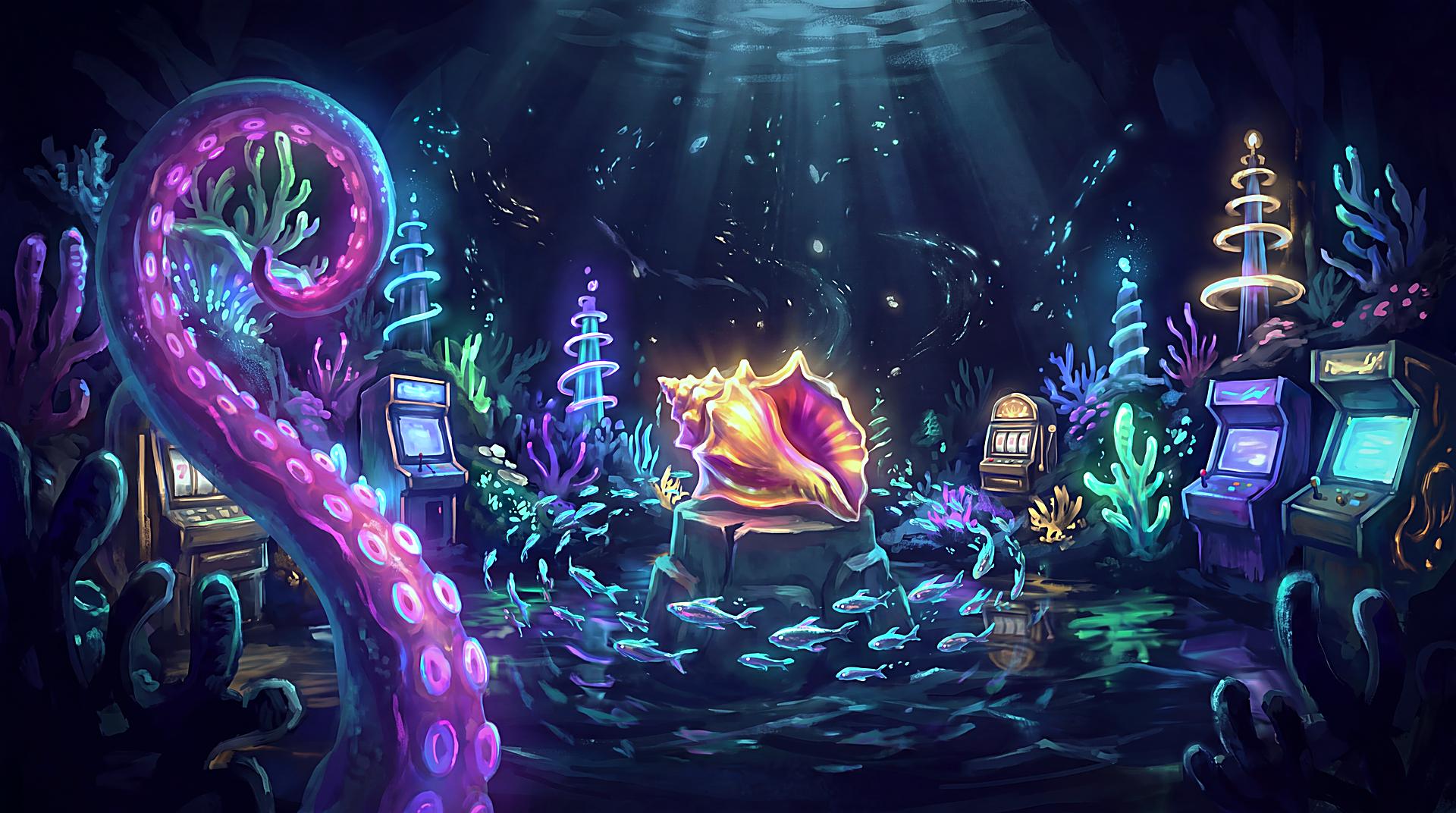 A luminous reef of slot machines deep underwater, a single cabinet lit brighter than the rest as fish gather around it.