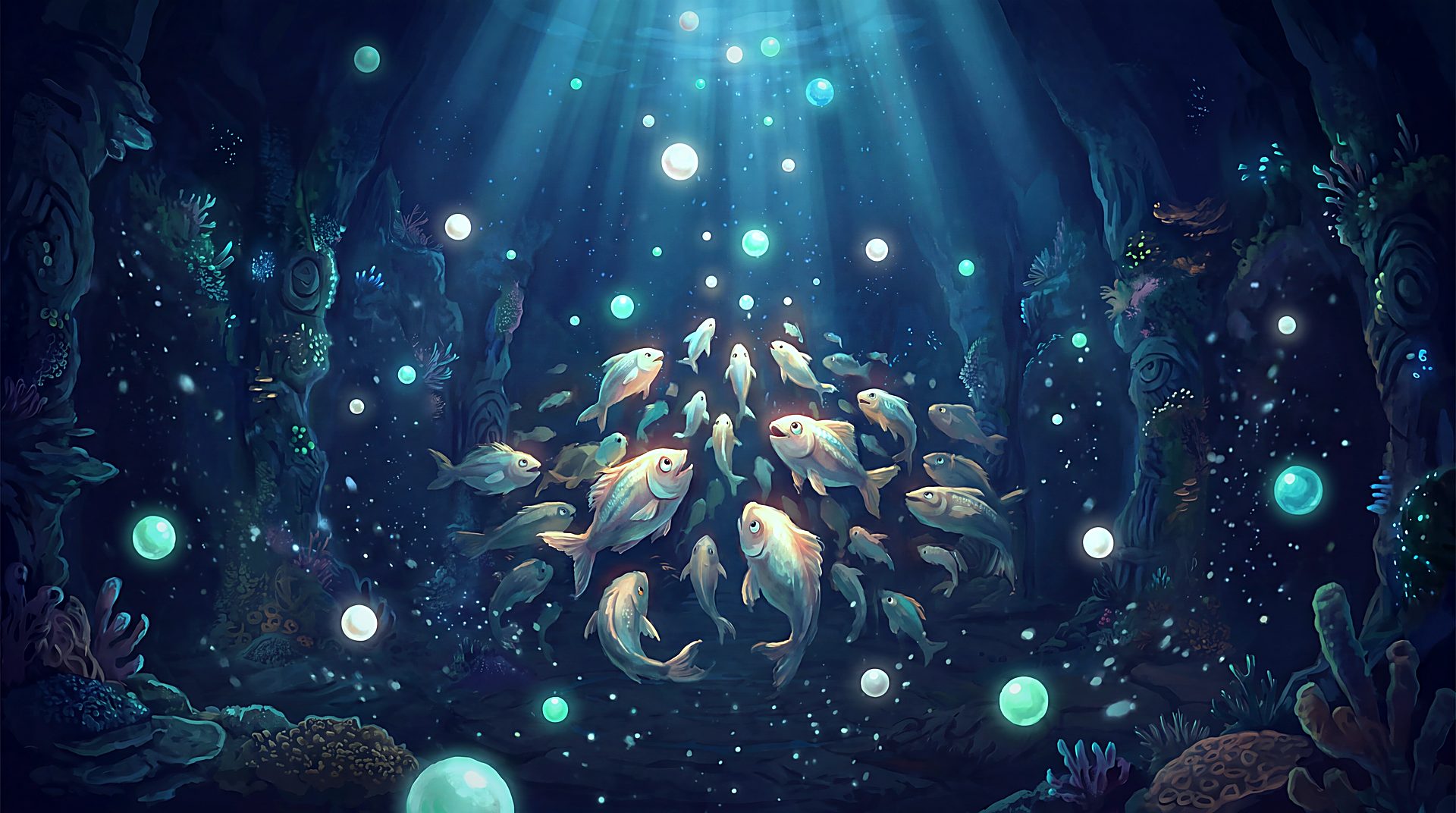 A cascade of glowing pearls pours from an open clam over a crowd of small fish gathered in the dark below.