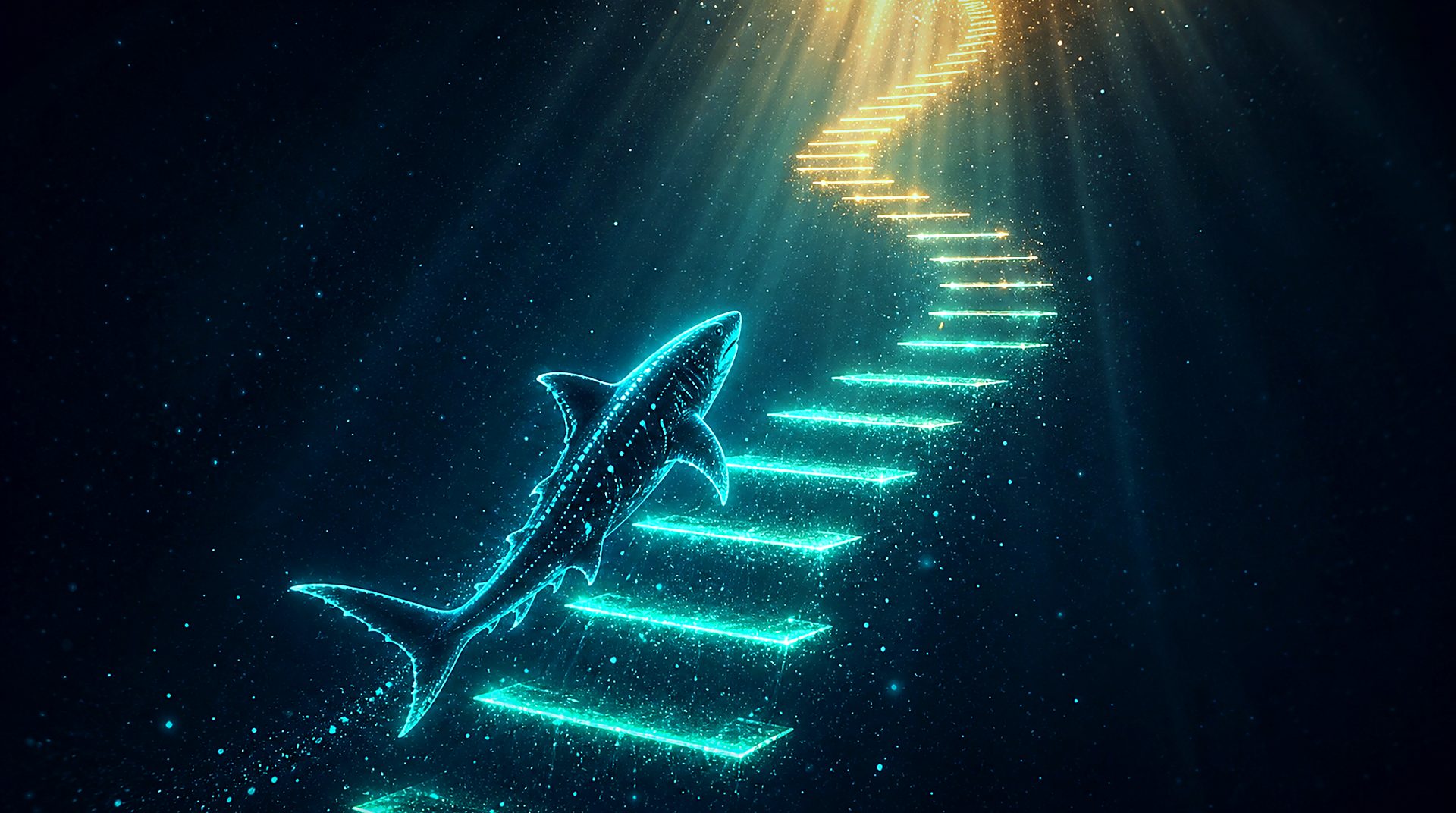 A spiral staircase of glowing coral rises through dark water, small fish near the bottom and a shark near the top.