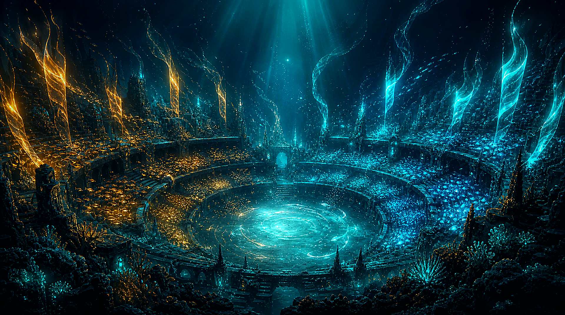 A grand underwater coliseum with schools of gold and cyan fish massed on opposite sides like two teams