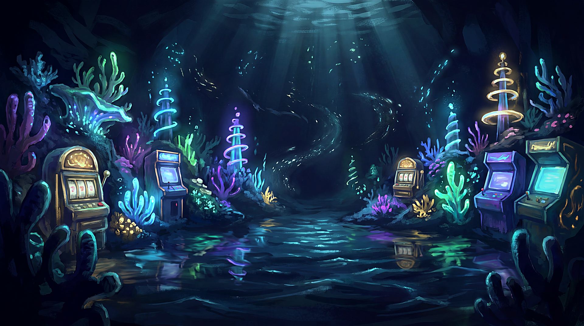 A reef of glowing slot machines and arcade cabinets set among luminous coral, a dark current winding between them