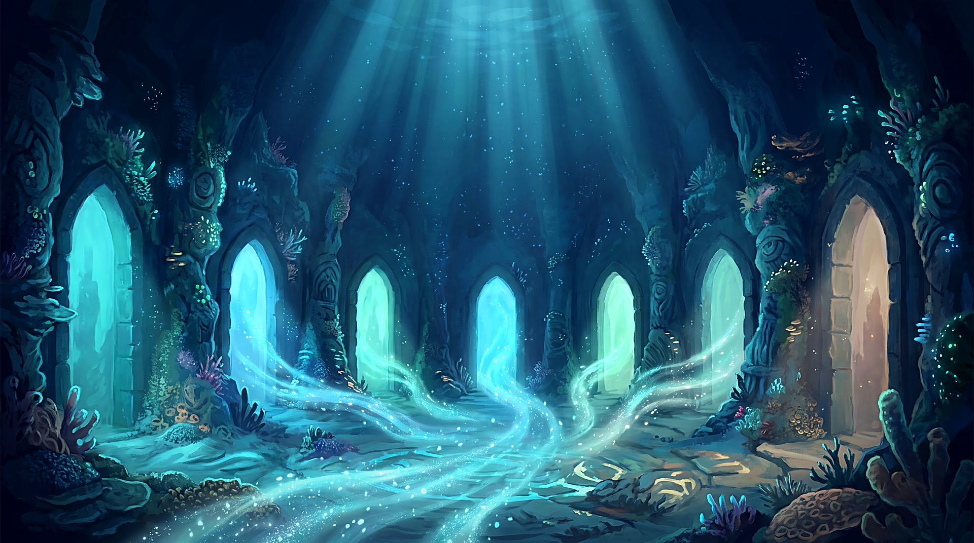 A vast submerged hall lined with glowing archway doorways, ribbons of light drifting across the sand between them