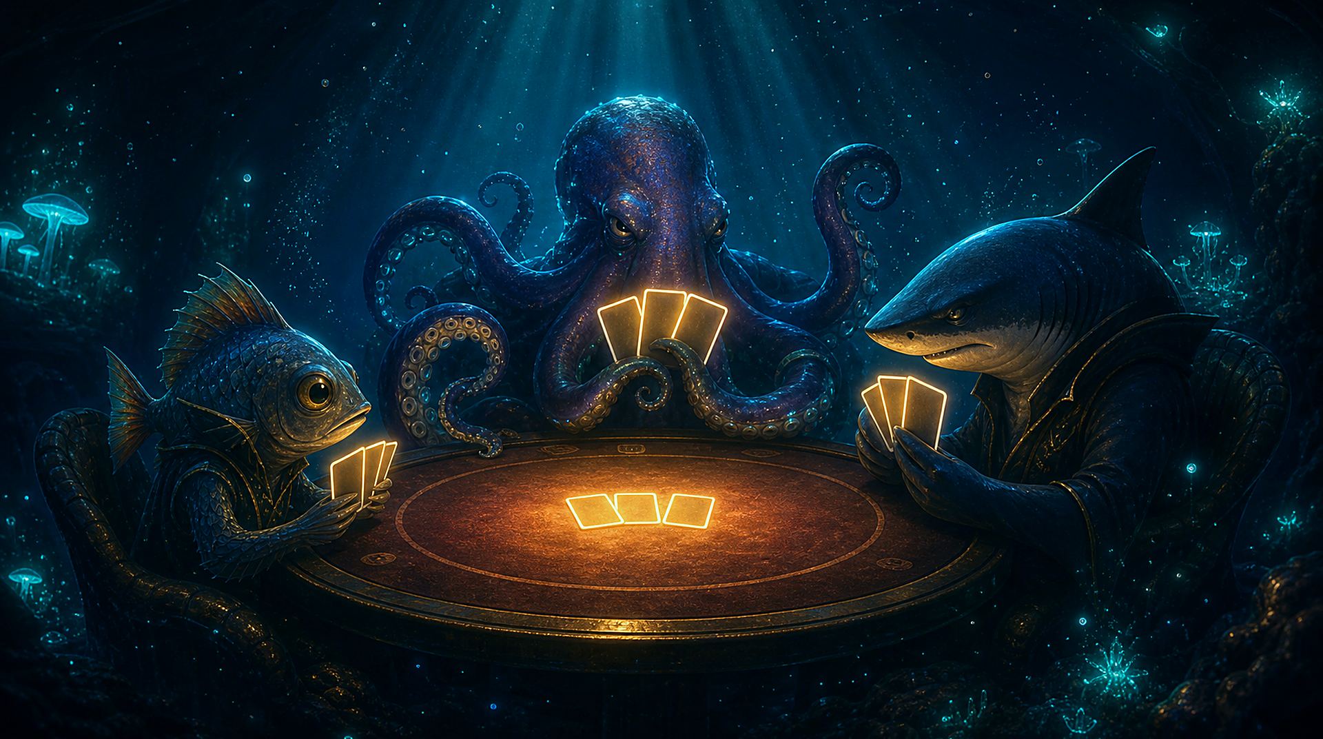 A fish, an octopus, and a sharp-suited shark playing cards around a warm-lit round table deep underwater