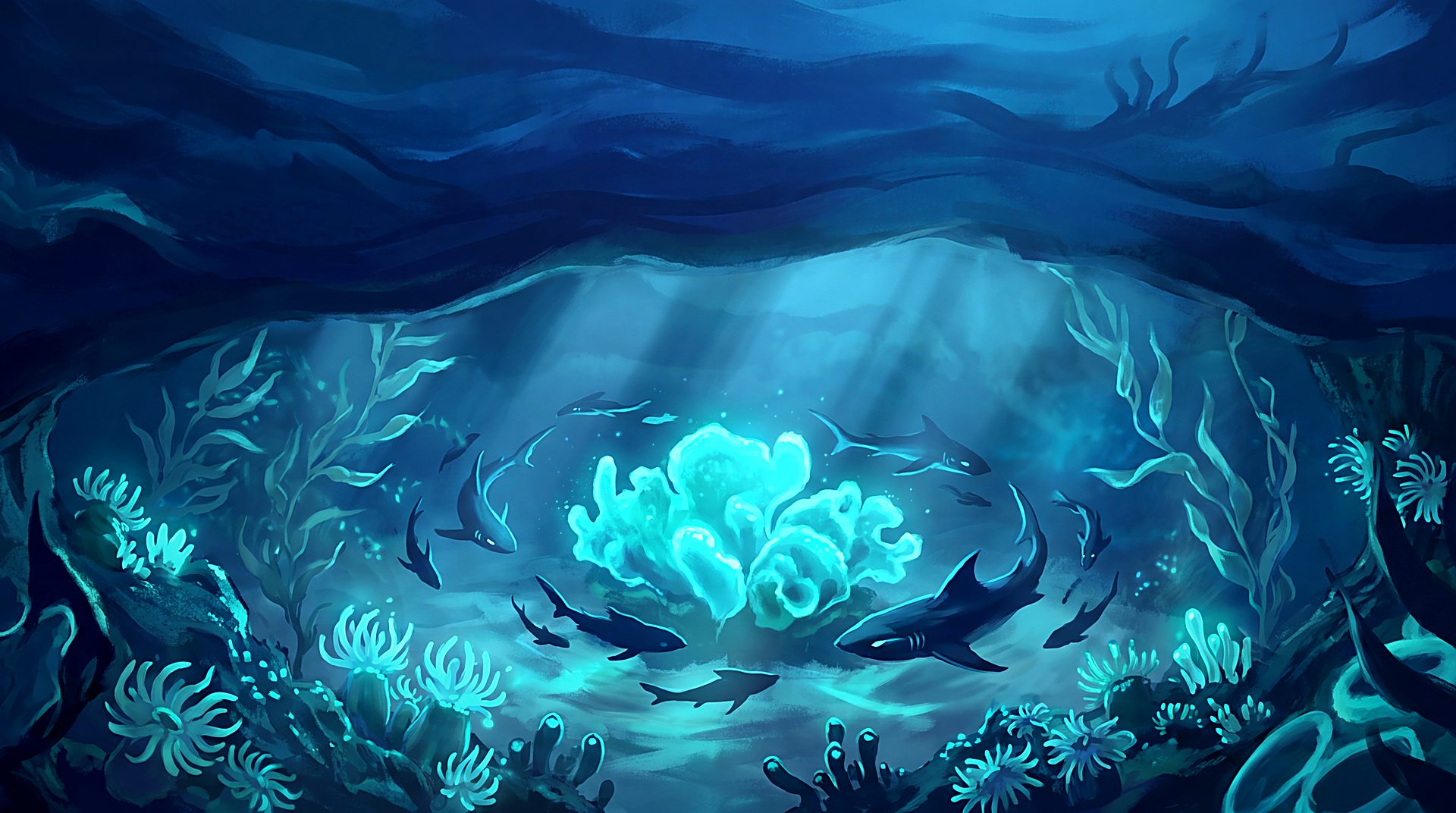 A sheltered blue reef where a diverse school of fish and sharks gathers around glowing coral.