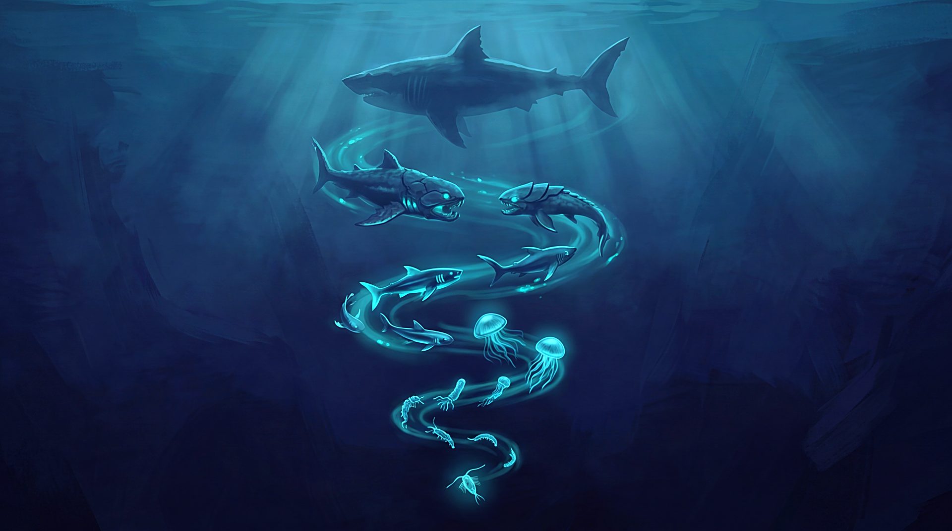 A current of sea creatures winds upward from tiny drifting forms toward a shark in open water.
