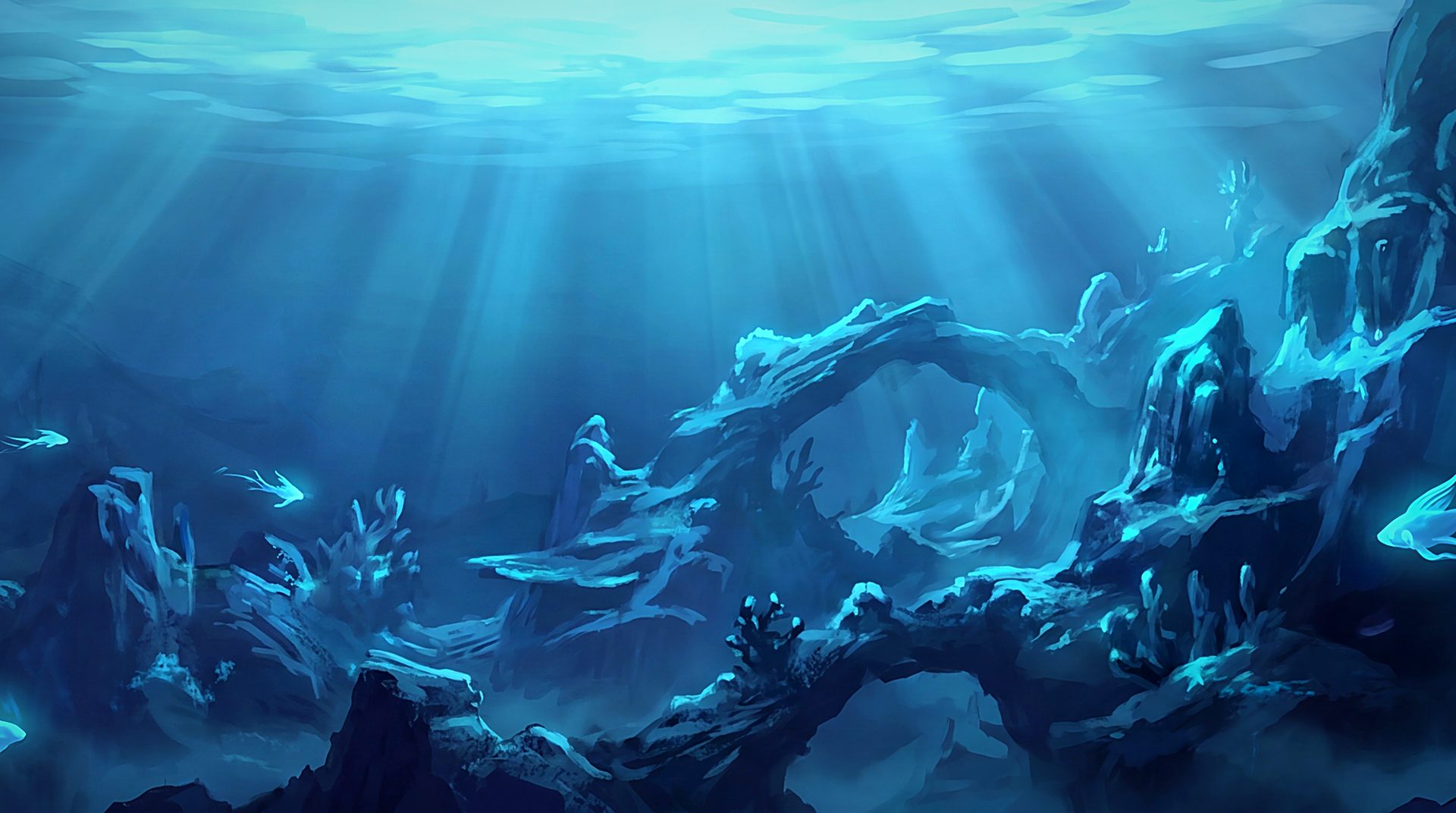 Soft light reaches an unfinished blue reef where small fish explore new coral arches.