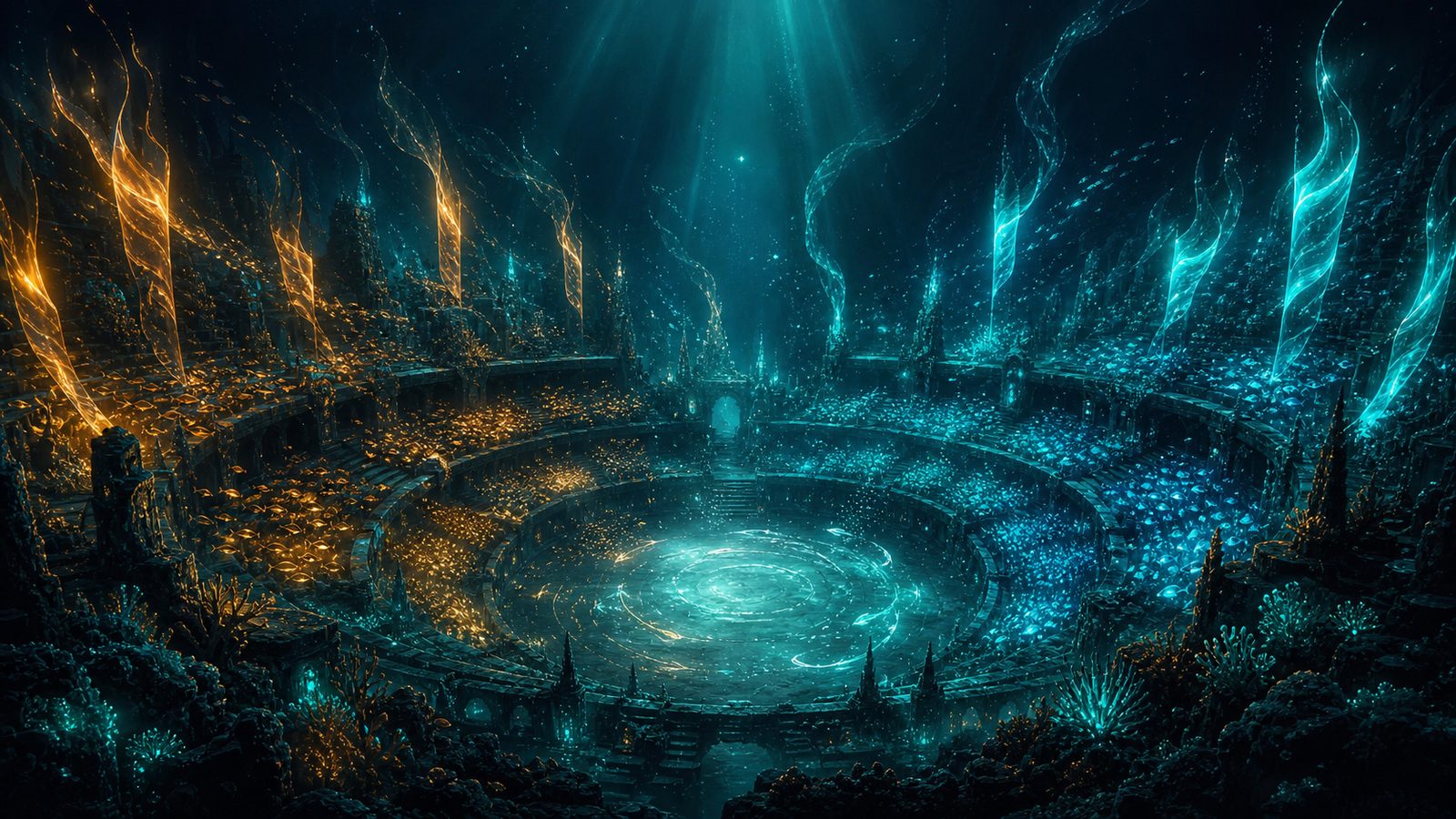 A grand underwater coliseum with schools of gold and cyan fish massed on opposite sides like two teams