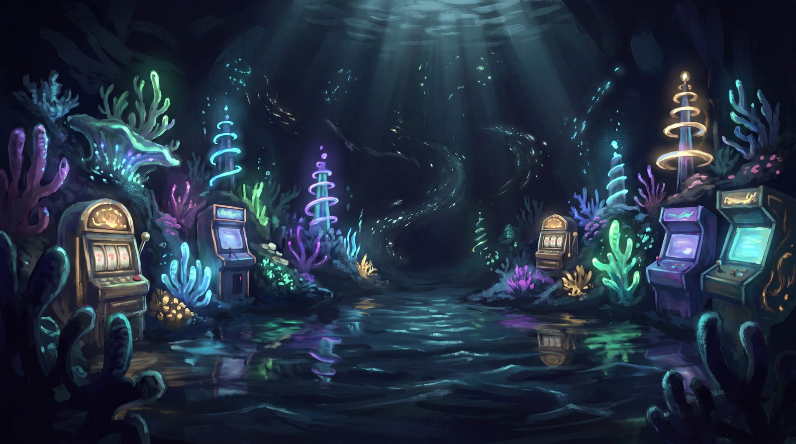 A reef of glowing slot machines and arcade cabinets set among luminous coral, a dark current winding between them