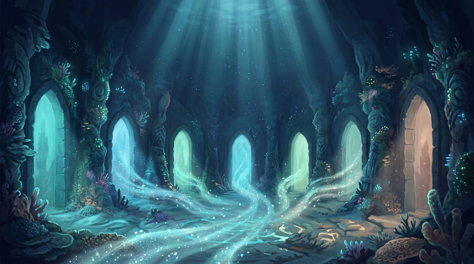 A vast submerged hall lined with glowing archway doorways, ribbons of light drifting across the sand between them
