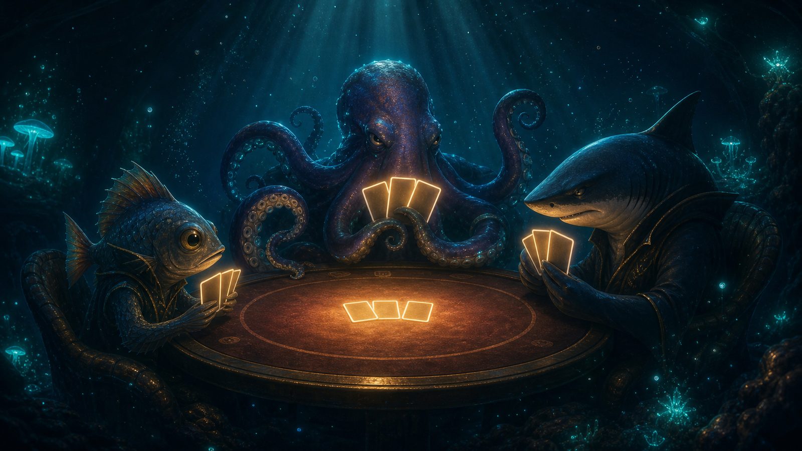 A fish, an octopus, and a sharp-suited shark playing cards around a warm-lit round table deep underwater